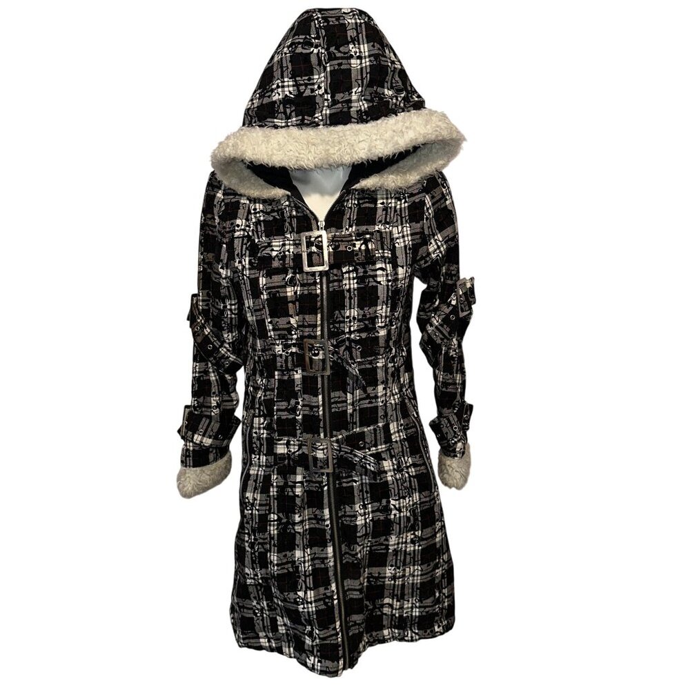 Vtg Y2k Mercy Black Tartan Skull Belted Faux Fur Hood Jacket Goth Punk Sz Small